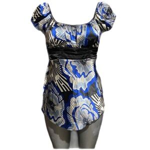 Y2K Heart Soul Blue/Black Fit & Flare Babydoll Milkmaid Top Floral Satin Medium
